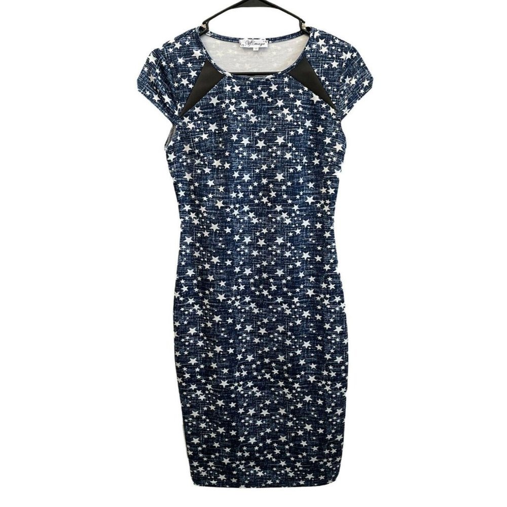 VFEMAGE Sheath Dress Size M Blue White Stars Faux Leather Fitted Pencil Style
